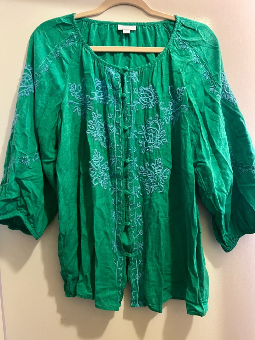 J. Jill Green Embroidered Peasant Tunic